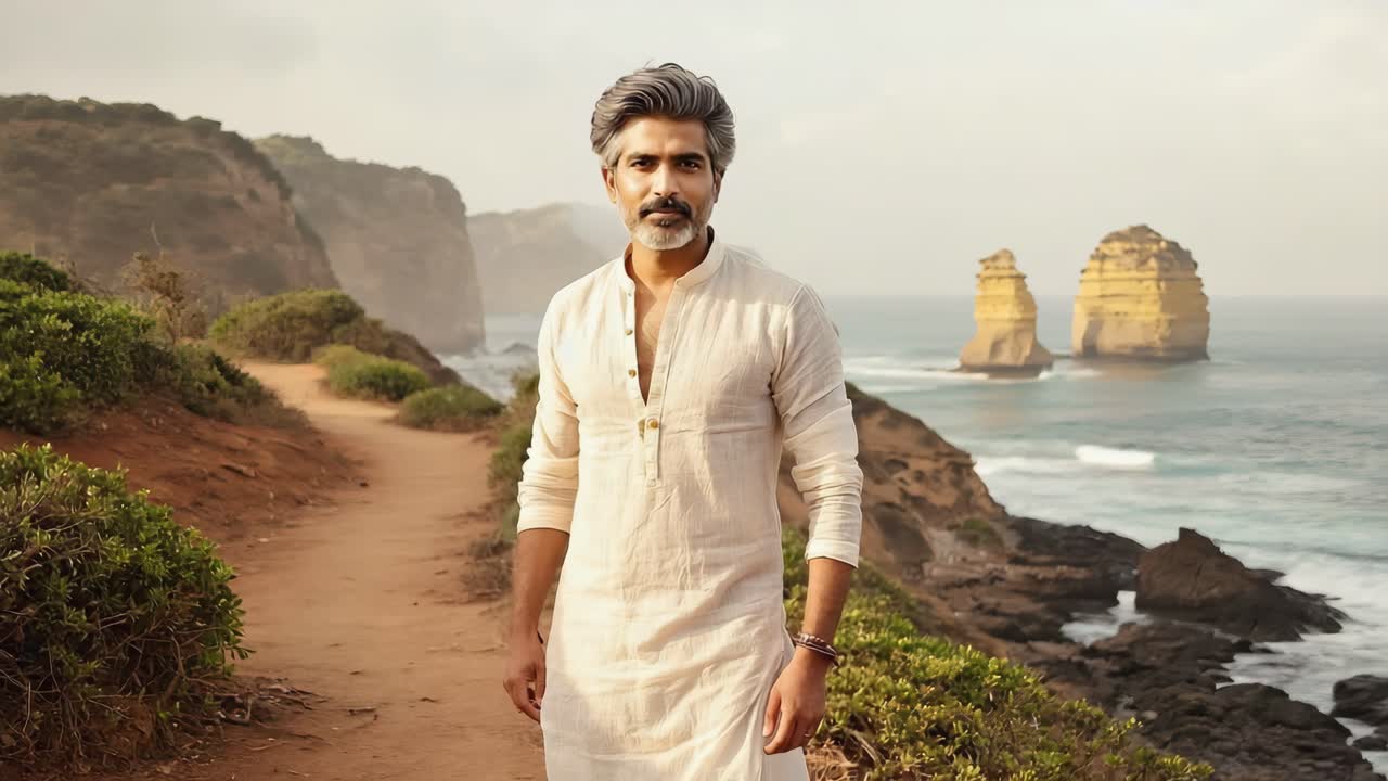 Mature spiritual leader walks along a picturesque coastal path, exuding tranquility and wisdom against a backdrop of dramatic cliffs and ocean waves, embodying a connection with nature's serenity