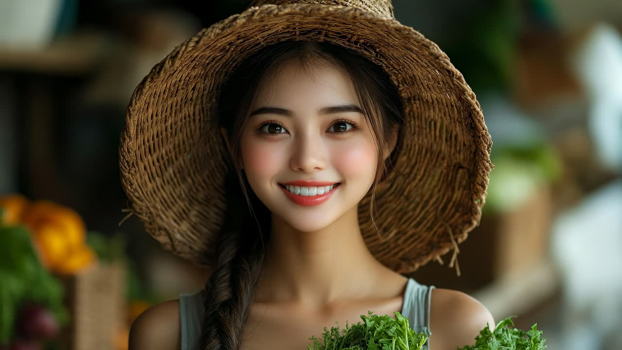 Woman in straw hat with greens. A young woman, wearing a straw hat, smiles while holding a bunch of fresh greens in a vibrant market setting