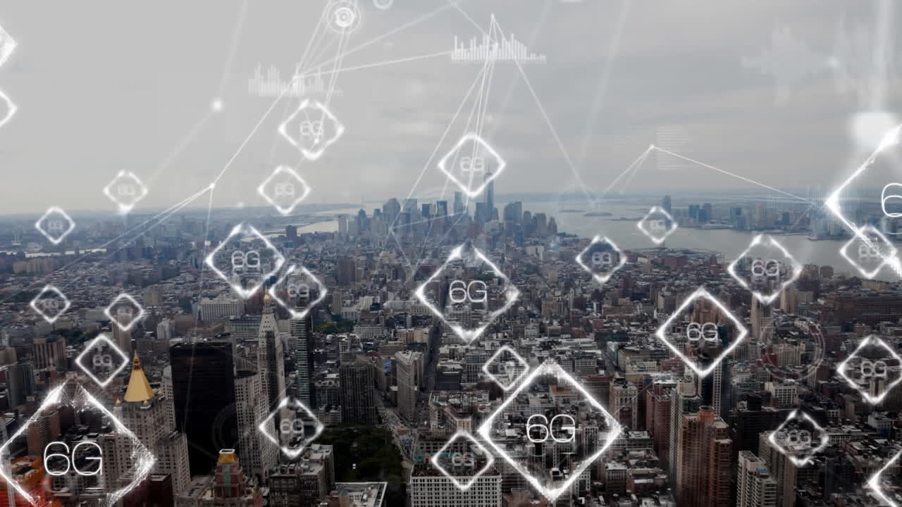 Animation of network of 6g text over landscape