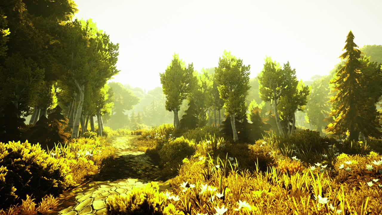 Sunlit forest path surrounded by vibrant greenery and wildflowers in spring