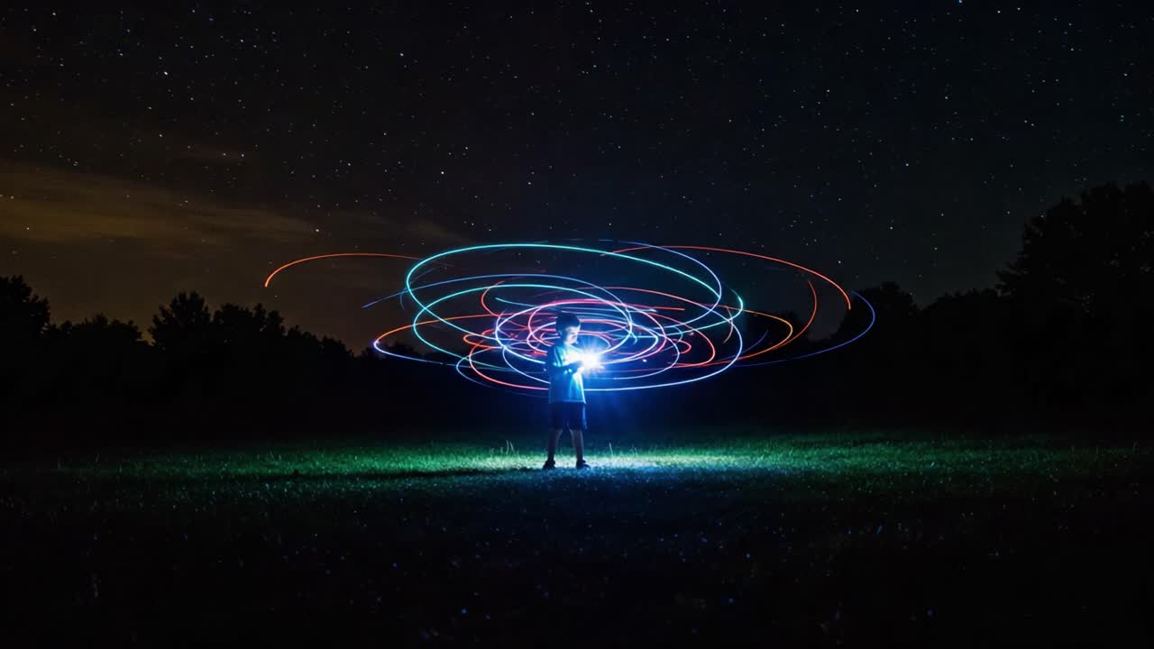 Captivating Light Trails Against a Starry Night Sky: A Stunning Display of Long Exposure Photography Featuring Whirling Colors and Dynamic Patterns in the Dark