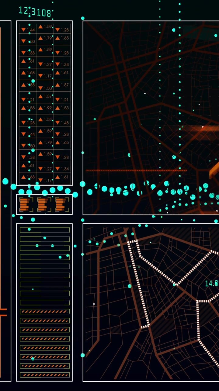 Animation of interface with data processing against black background