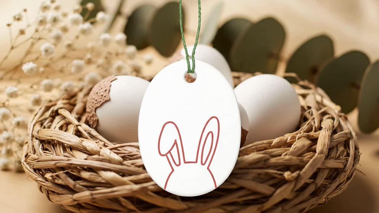 Easter bunny tag spinning over wicker nest