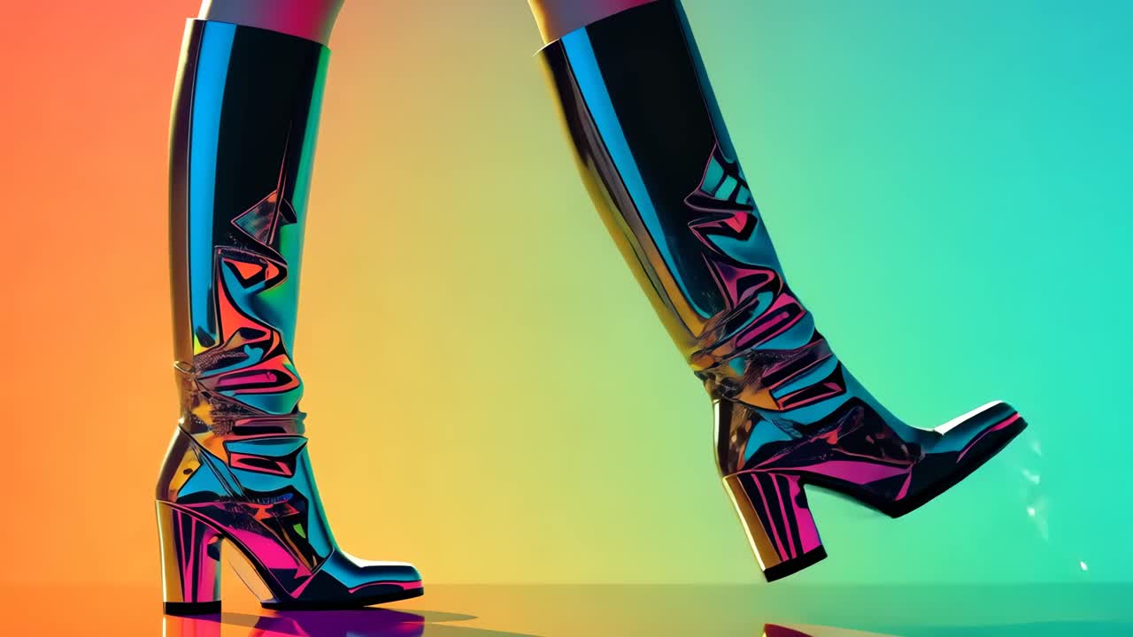 A vibrant, low-angle shot of shiny, colorful boots against a warm background