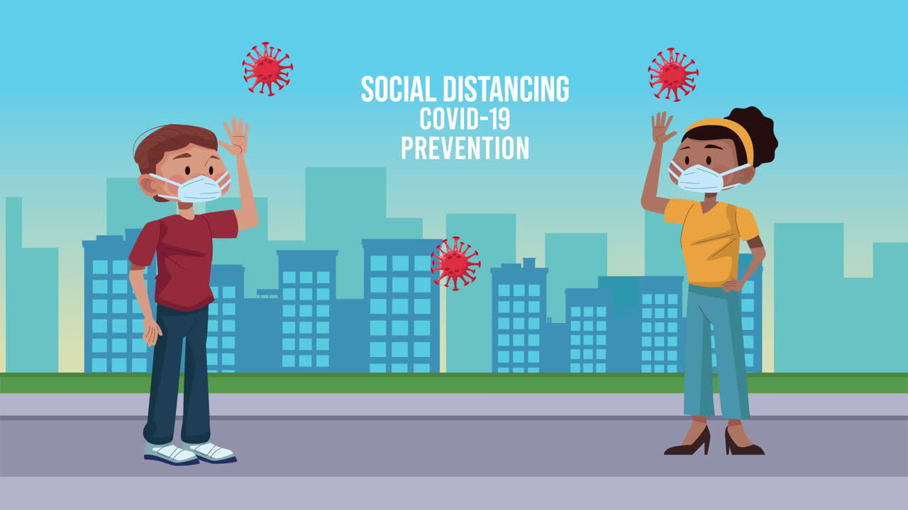 사회적 거리를 지키는 인종 간 커플 코로나19 예방 메시지