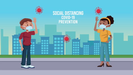pareja interracial con distanciamiento social mensaje de prevención de covid-19 en la ciudad