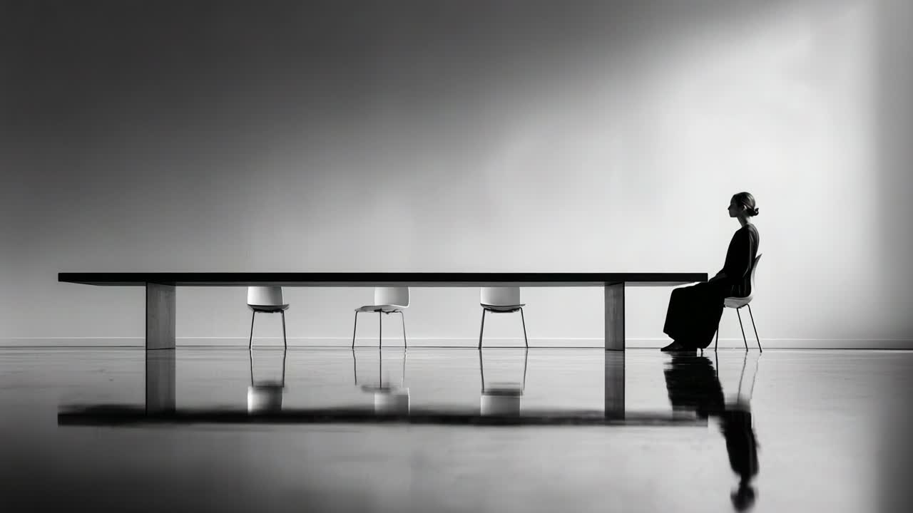 A solitary figure sits quietly at a long table, surrounded by empty chairs in a minimalist setting, evoking themes of isolation, contemplation, and the passage of time