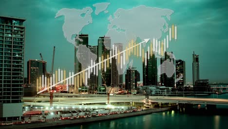 construction time lapse of a skyscraper with animation of global economic growth candle chart graph