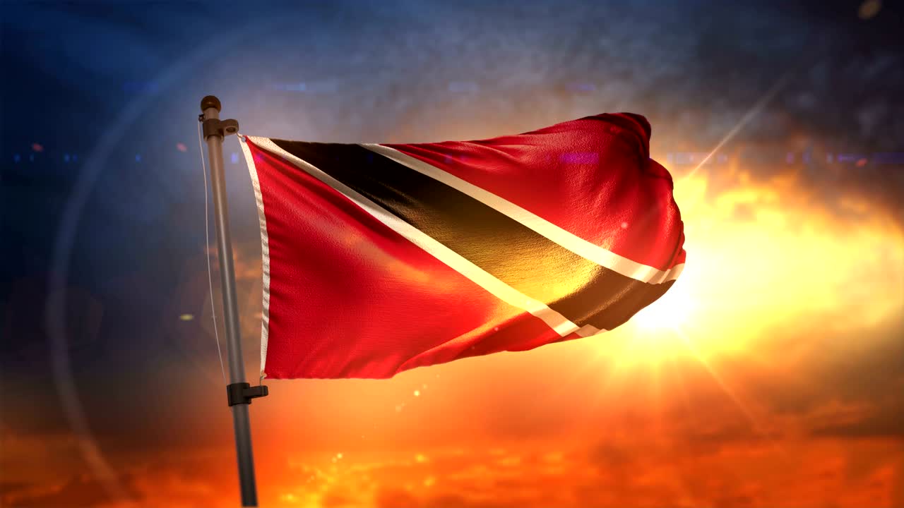 la bandera de trinidad y tobago retroiluminada en un hermoso ciclo de amanecer en cámara lenta 4k