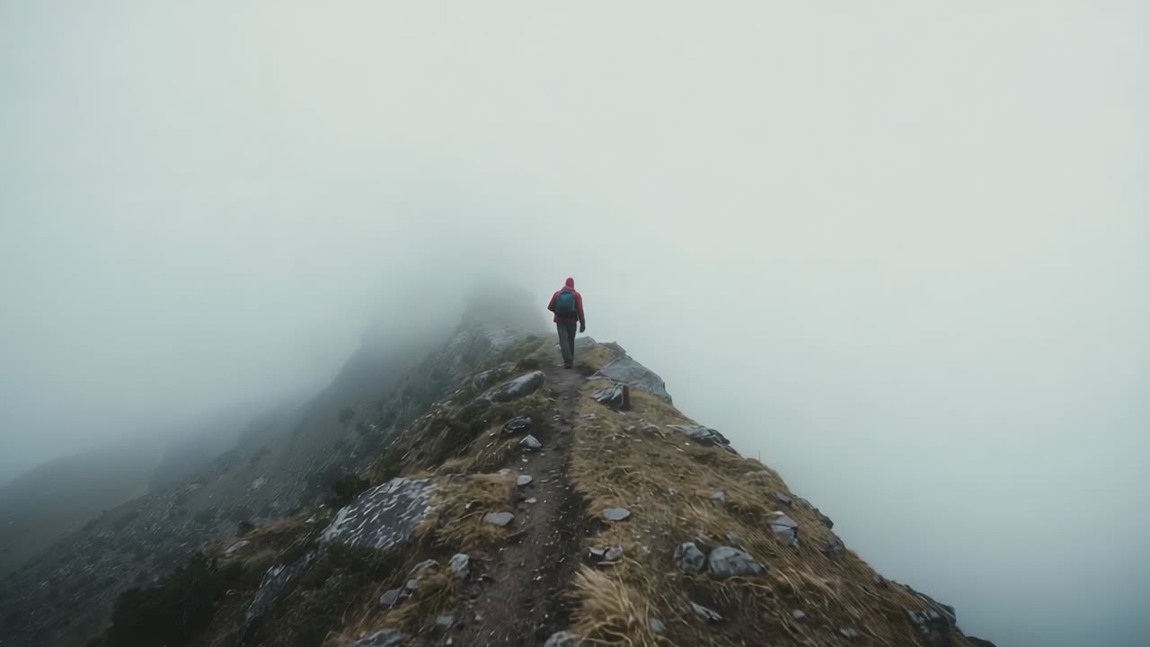 Escursionista che cammina con giacca rossa e zaino seguendo uno stretto sentiero di cresta, nebbia che si infittisce