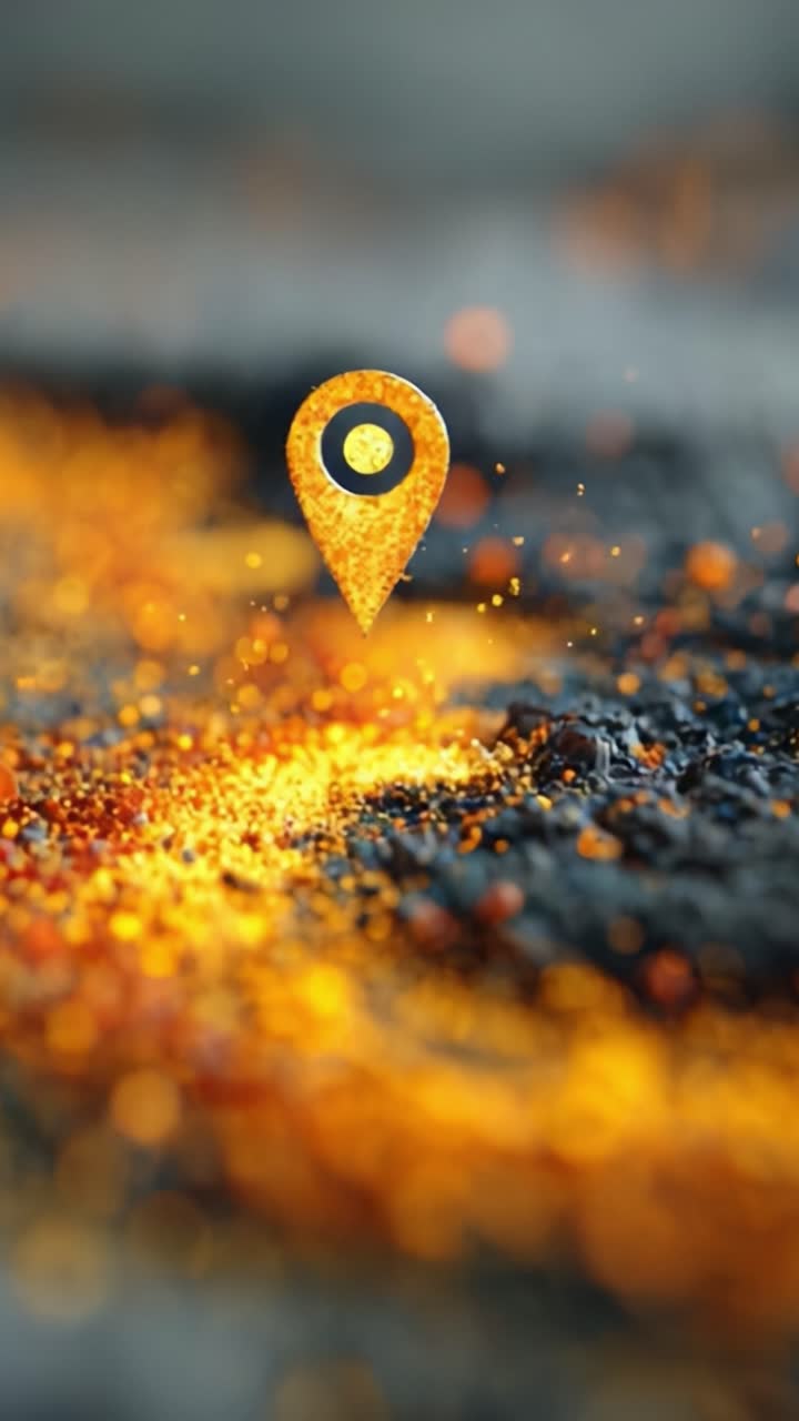 Un’immagine accattivante di un segnaposto luminoso su una mappa, circondato da scintille infuocate e particelle scintillanti, che simboleggia la scoperta di una posizione in un ambiente dinamico