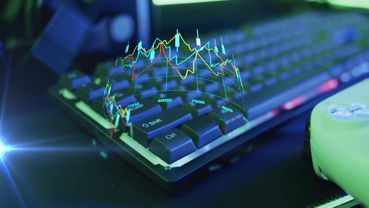 Animation of financial data processing over computer keyboard