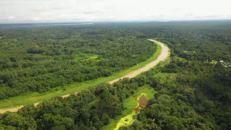 wide revealing drone shot of the amazon river and rainforest in peru