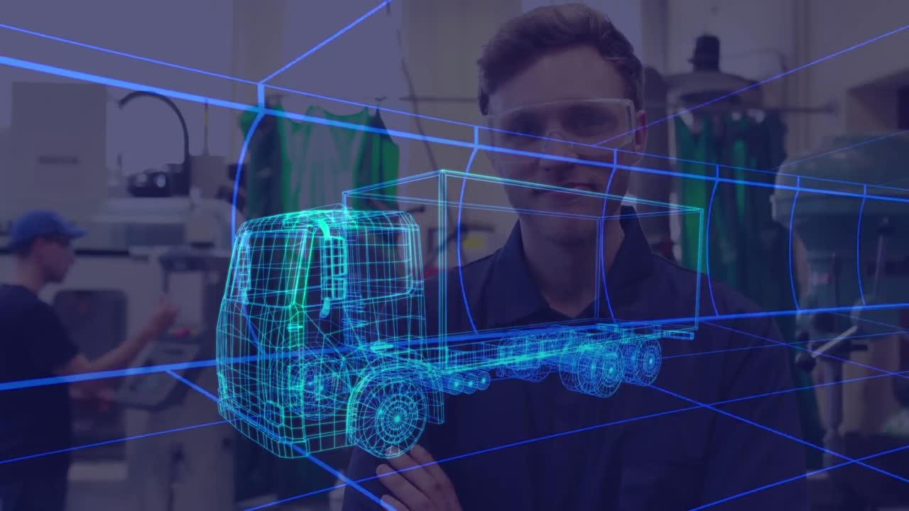 animación de un dibujo de coche en 3d sobre un hombre con gafas de protección