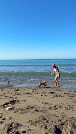 mujer y perro jugando en la playa