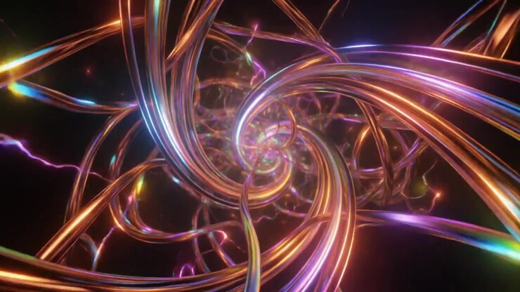 Abstract 3D Animation of Glowing Metallic Spirals and Energy Trails