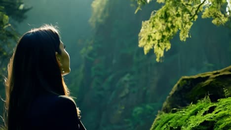 a young woman looking up in a forest