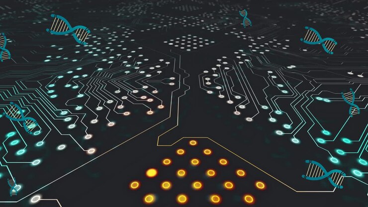 Animation of dna strands over computer circuit board on black background