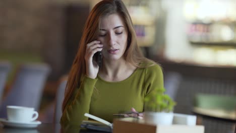 cute girl is sitting in a cafe indoors and talking on the phone. girl is holding a pen in her hand, checking in a notebook something during her conversation and writing it down.