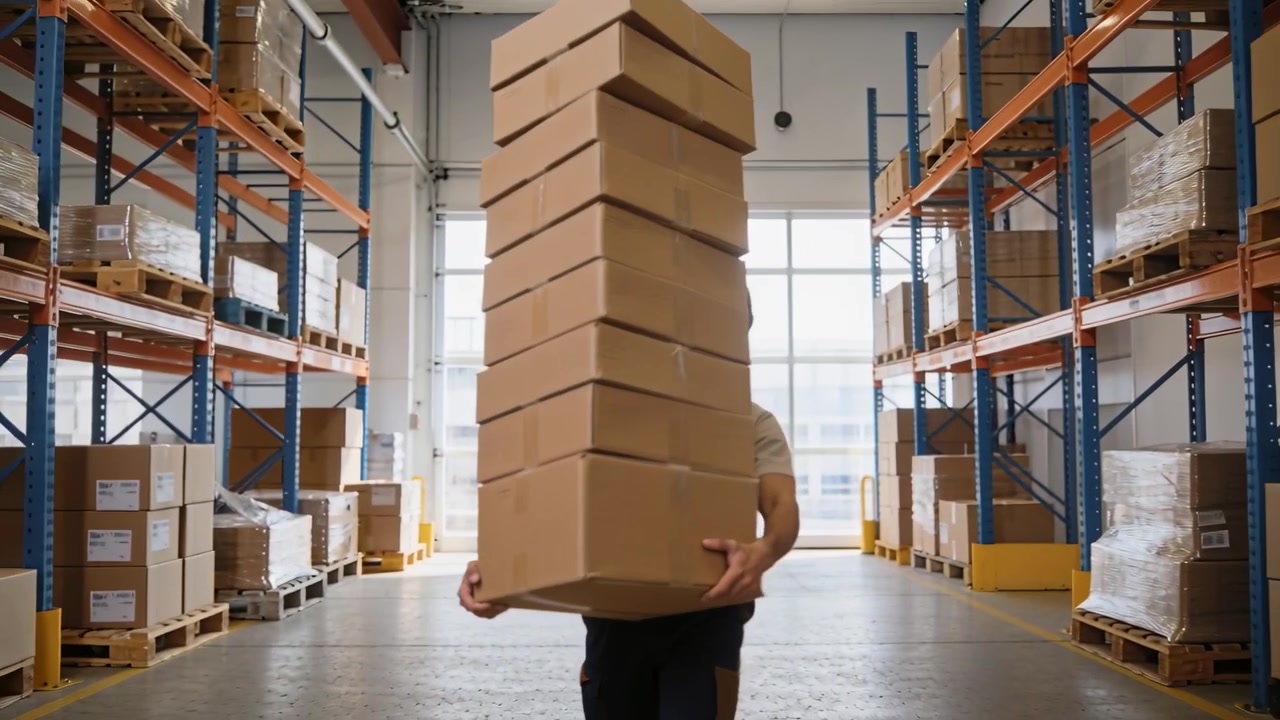 Lifting tall stack, male worker in overalls shifting while preventing boxes falling in warehouse