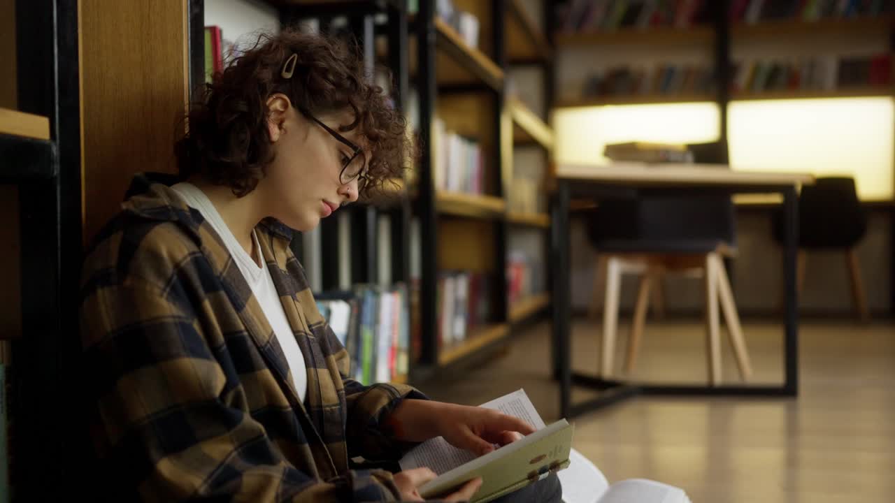 una estudiante con cabello rizado y gafas lee un libro sentada en el suelo entre los libros abiertos de la biblioteca