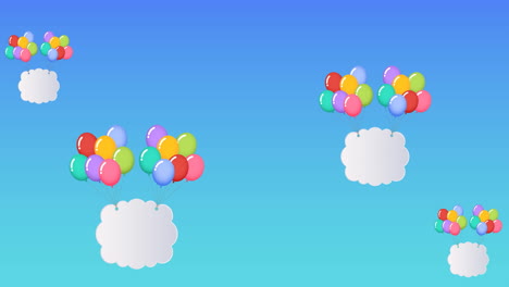 animation of colourful balloons with clouds and copy space flying on blue background