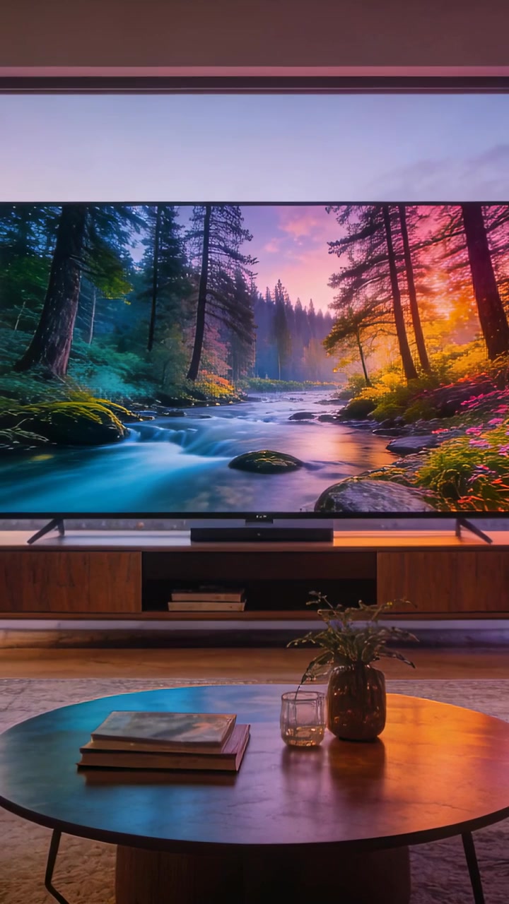 Video verticale: Avvio della riproduzione, TV che mostra un ruscello nel bosco a casa, proiettando un bagliore per una visione rilassante.