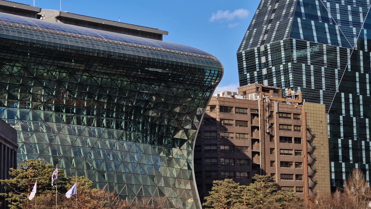 Seoul City Hall, South Korea, New Glass Building and Downtown Neighborhood Towers