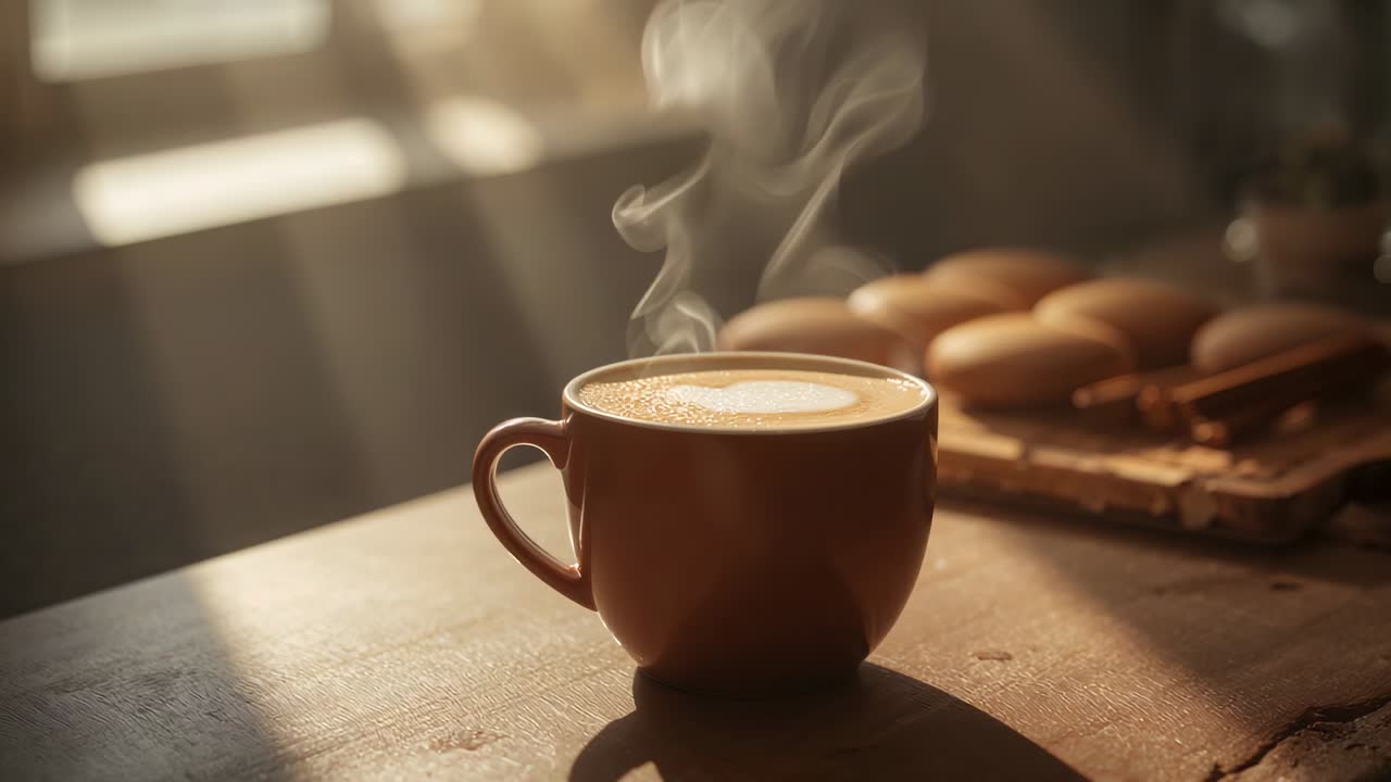 Releasing steam, hot ceramic cup with latte art sending curls across wooden table by window