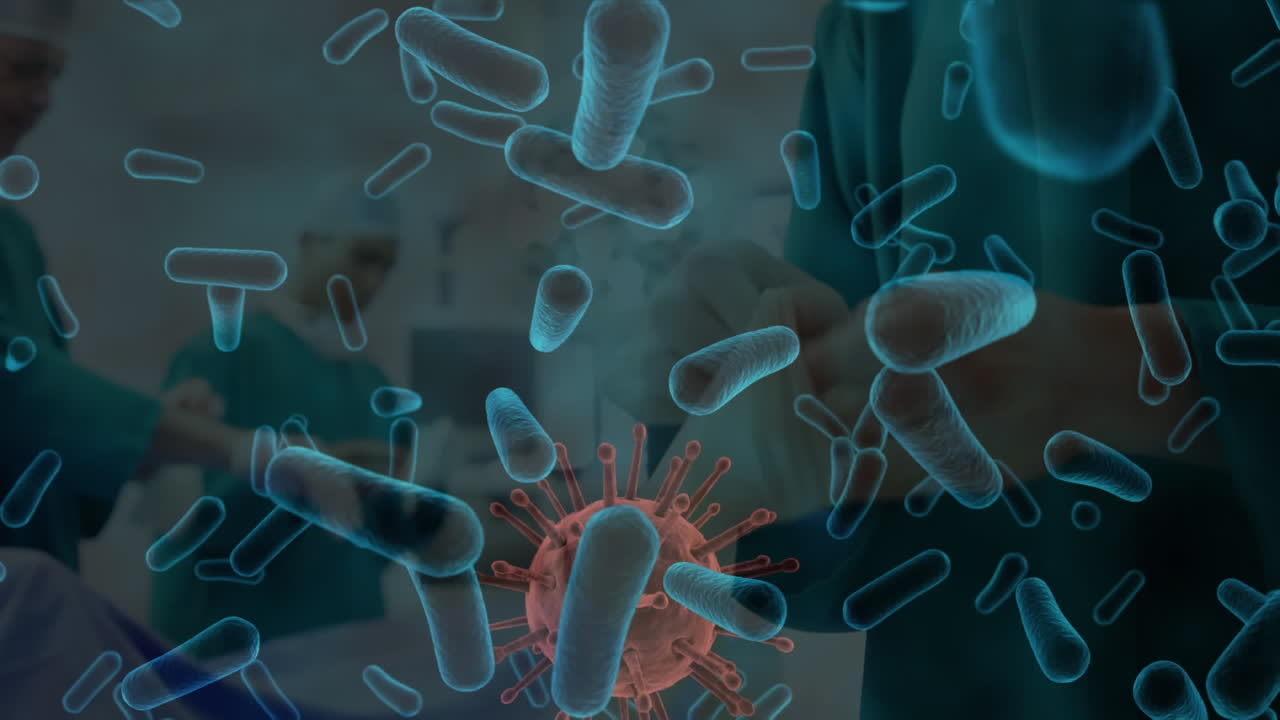 코로나19 세포가 마스크를 쓰고 있는 의사들 위에 떠다니는 애니메이션