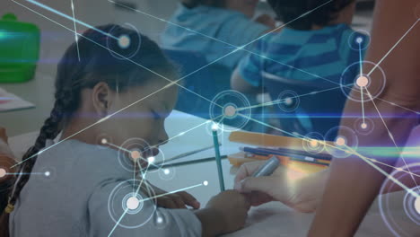 animación de la red de conexiones entre diversos escolares que aprenden en el aula