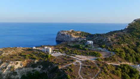 Aerial view away from the Anthony Quinn bay, golden hour in Rhodes, Greece