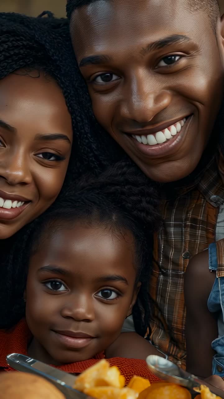 Vertical video: Camera starting urging family at home smiling blinking winking over fruit bowl