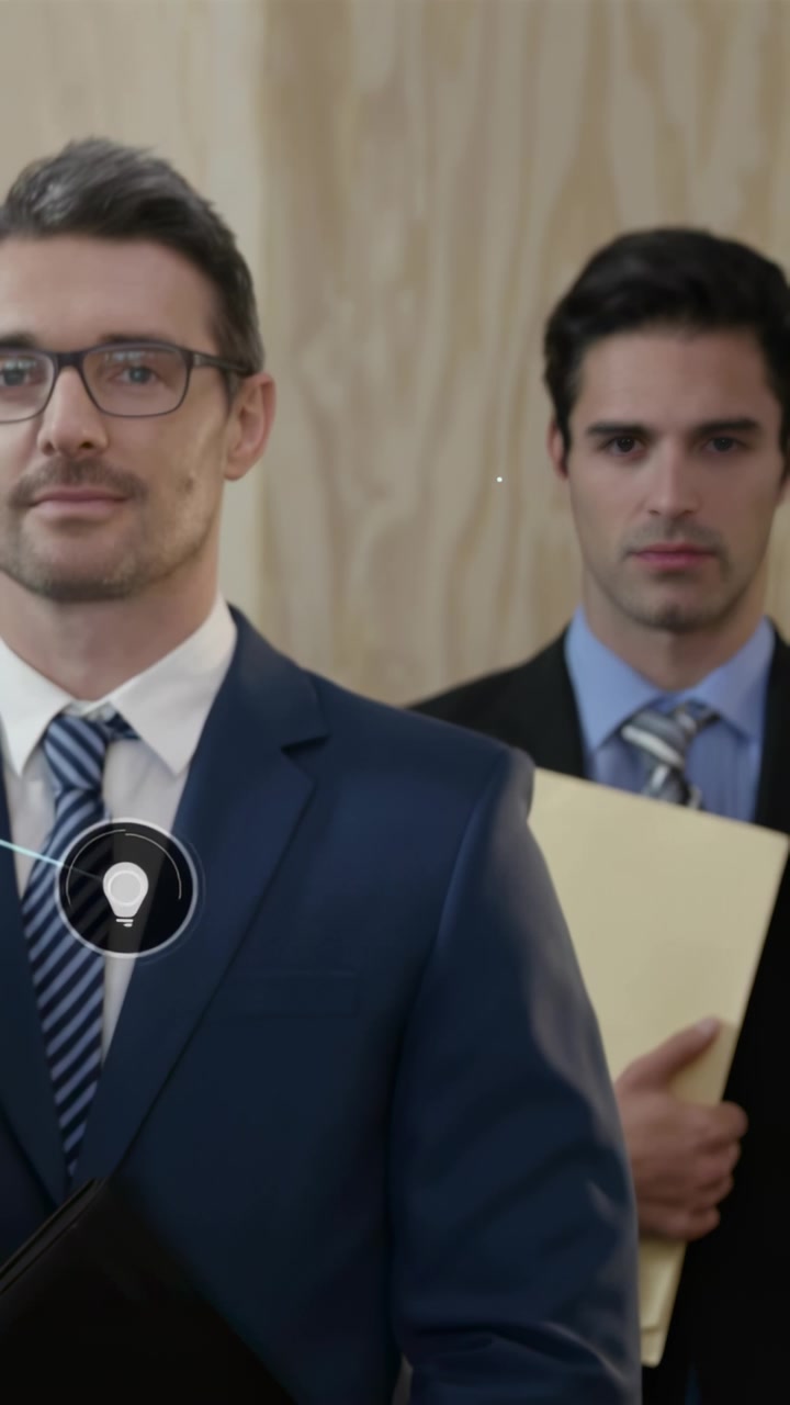 Video verticale: Due uomini in piedi con un'icona che appare all'altezza del busto, generando nodi di idee sulla salute collegati agli uomini.