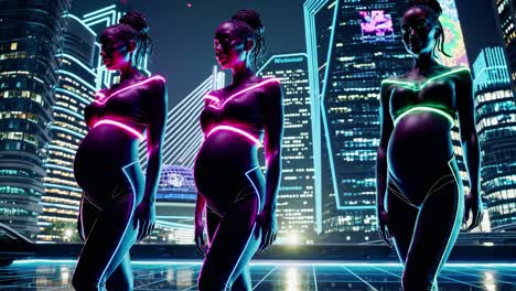 pregnant women in neon outfits in a futuristic cityscape