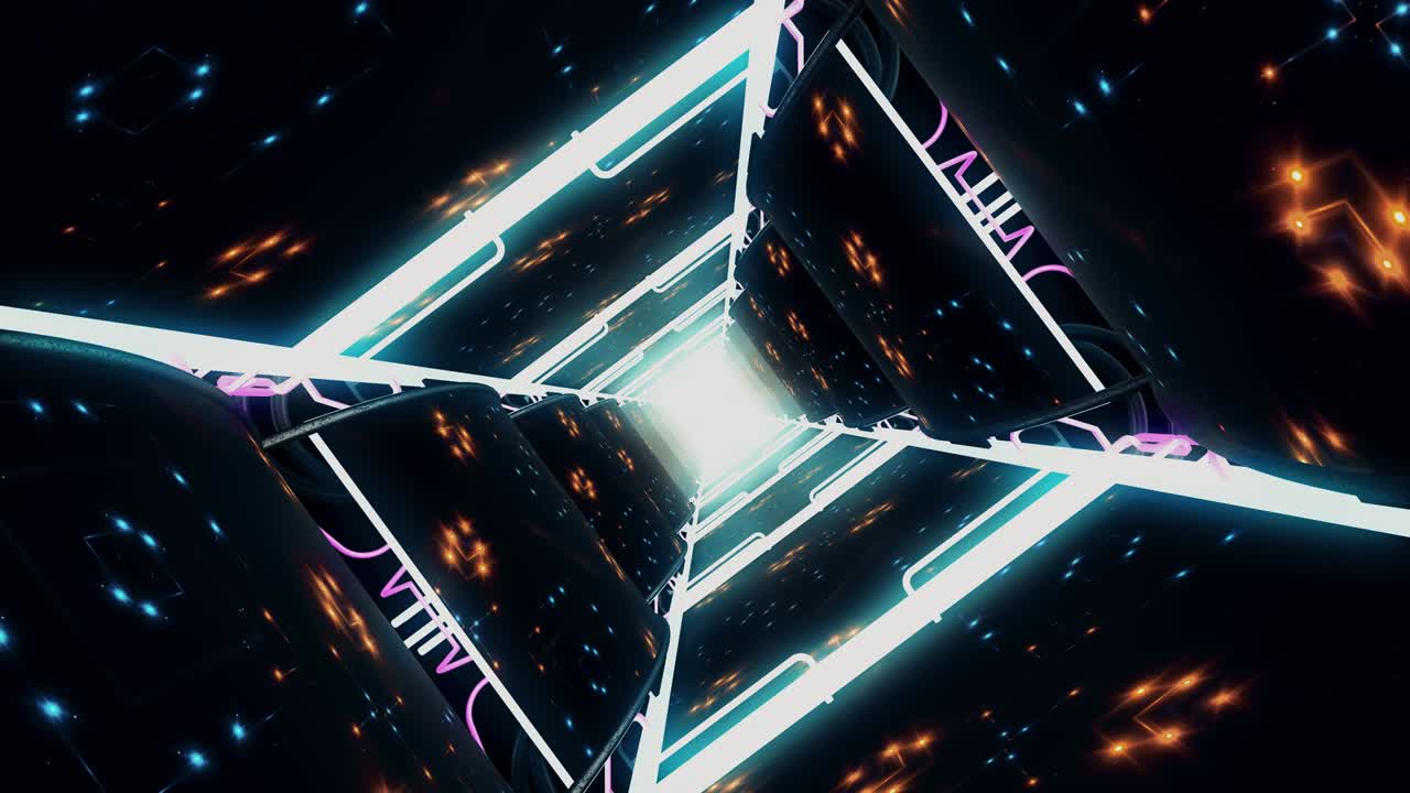 Futuristic Glowing 3d Tunnel with Neon Light Lines Seamless. Beautiful Abstract Tunnel seamless loop