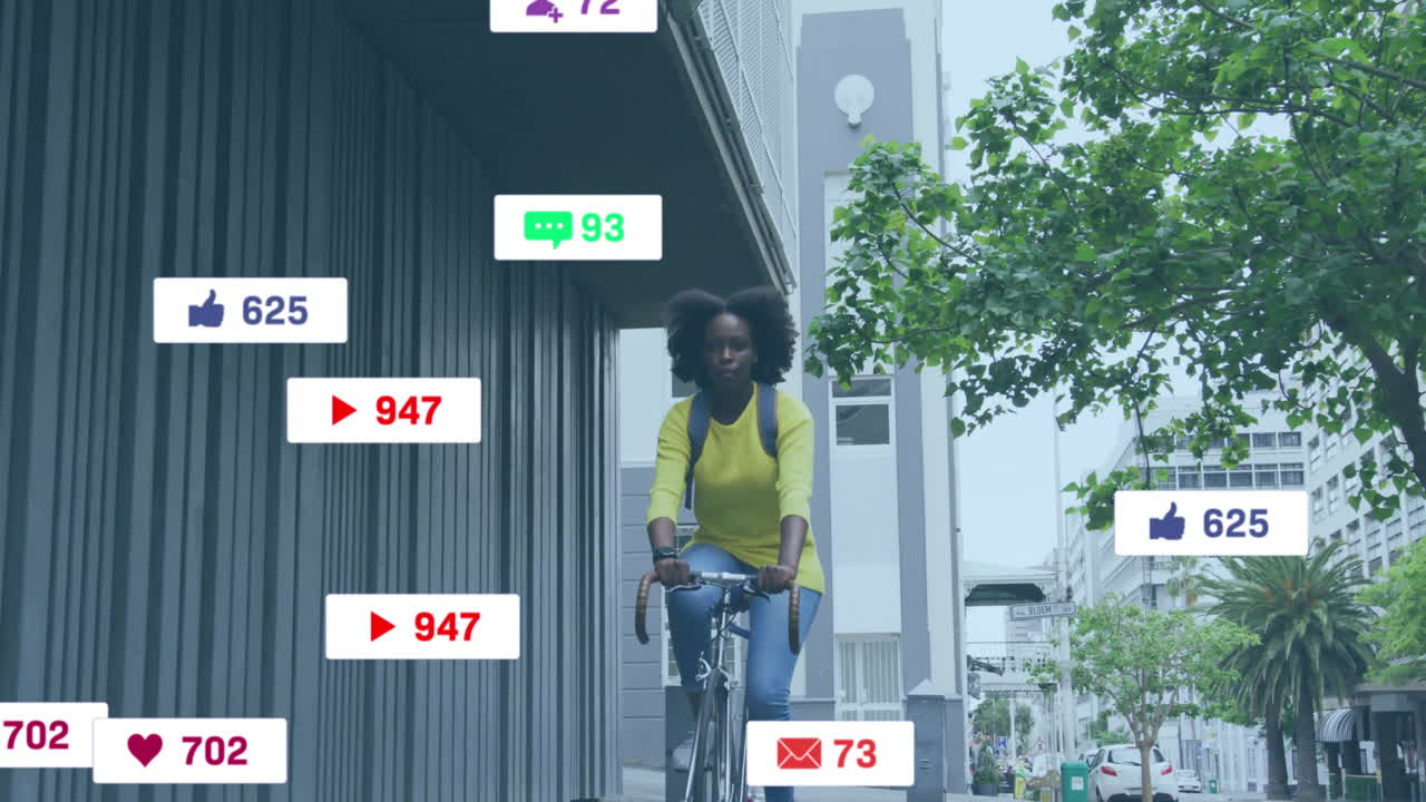 Animation of social media notifications over african american woman on bike in city