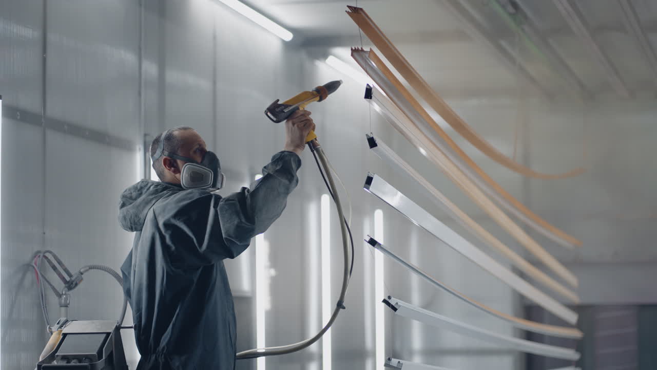 A professional painter in production in slow motion paints parts