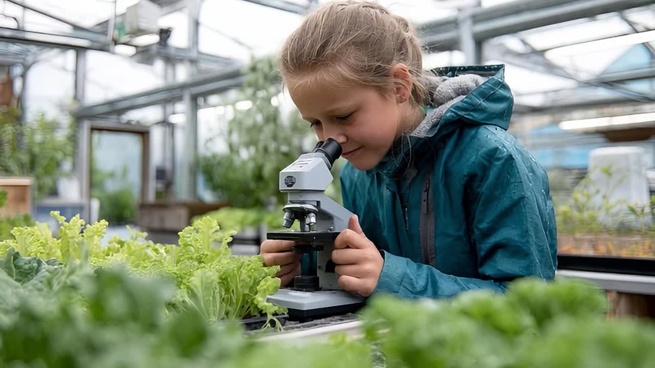 Young scientist examines plant samples in a greenhouse