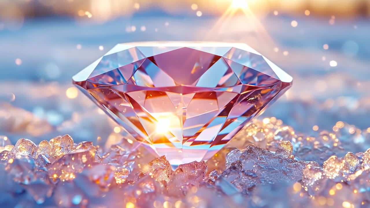 Sparkling diamond resting on crystals. A beautiful diamond shines brightly among crystal stones, reflecting light in a stunning display during sunset