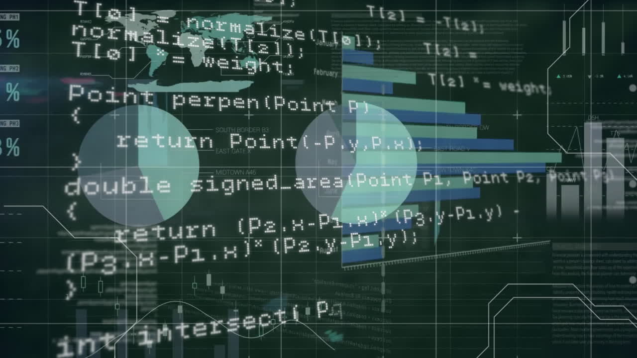 Animation of statistics and financial data processing over dark background