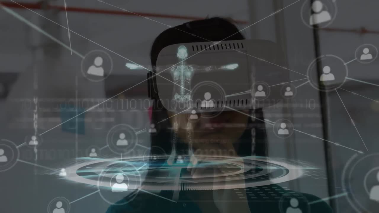 Animation af netværk af forbindelser over kaukasisk kvinde, der bruger VR-headset