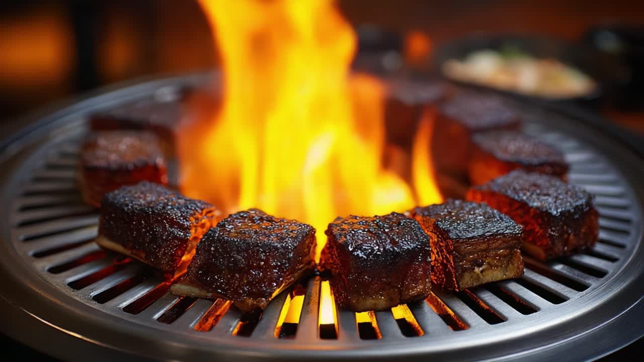Delizioso barbecue: tagli di carne succosi grigliati su una fiamma intensa per un sapore barbecue perfetto e un aroma ricco in un'accattivante esposizione culinaria.