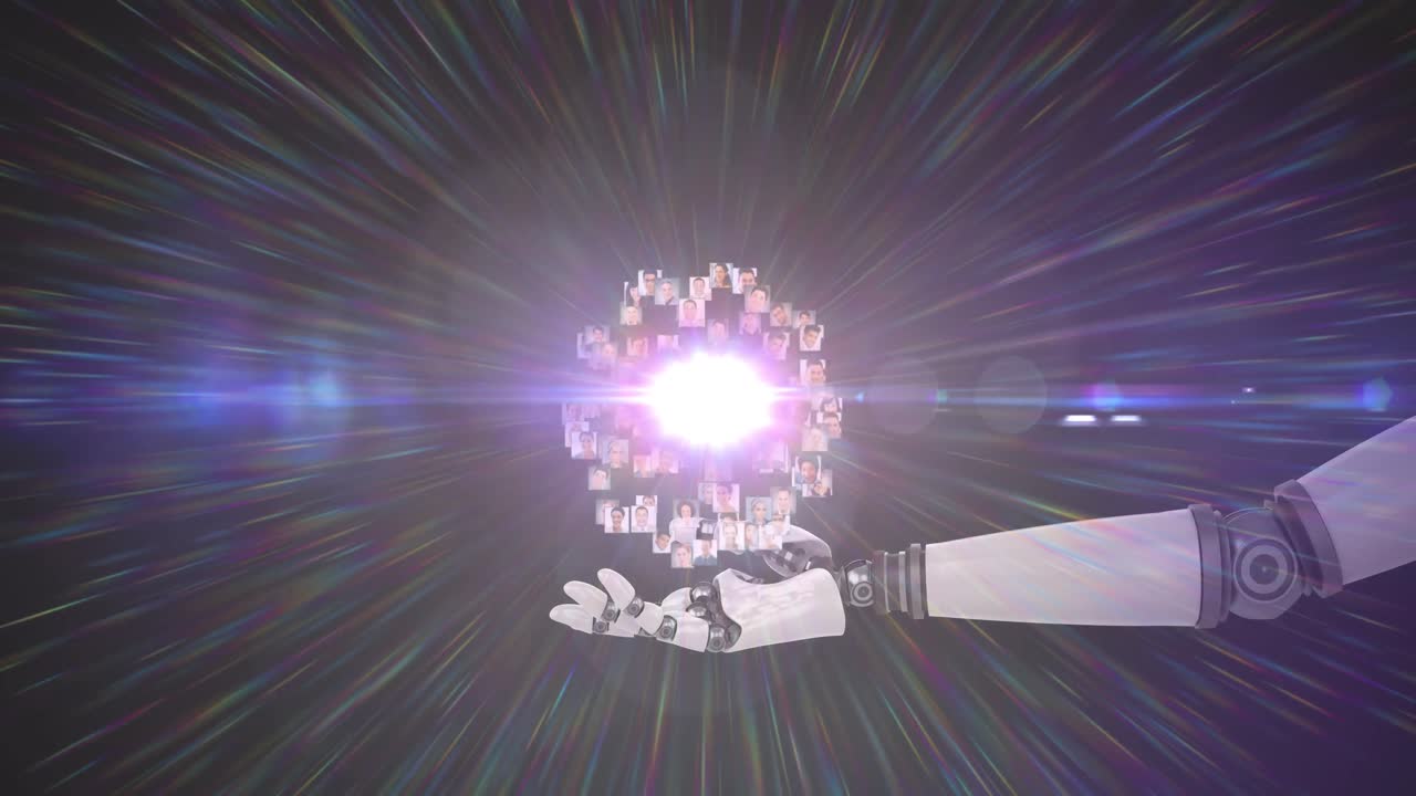 animación de una creciente red de personas sobre la mano del brazo del robot, con luz brillante en un fondo oscuro