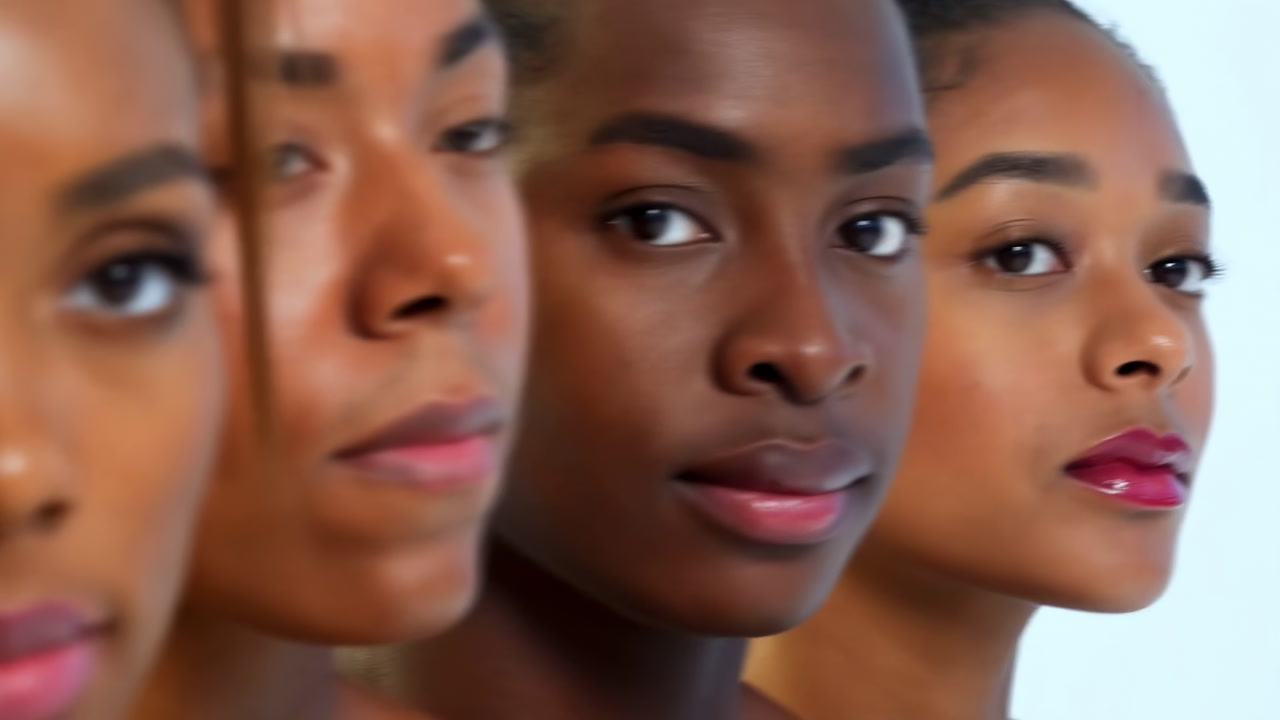 Closeup Black Women Beauty Portrait Showcasing Diverse Skin Tones, Soft Studio Lighting, Flawless Makeup,