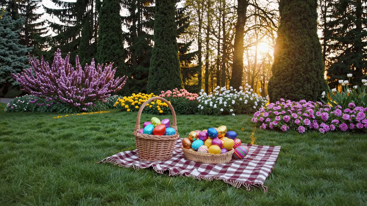 Colorful easter eggs nestled in woven baskets resting on checkered blanket, surrounded by lush garden landscape bathed in golden sunset warmth and soft evening light