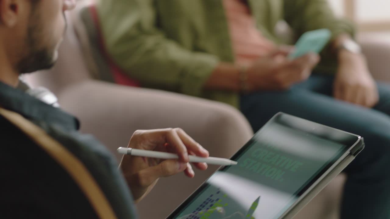 close up hands businessman using digital tablet computer browsing project document on screen reading information planning solution in office meeting