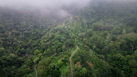 Toma-Aérea-Cinematográfica-De-La-Carretera-De-La-Jungla-Rodeada-Por-Un-Paisaje-Montañoso-Con-Una-Densa-Jungla-Forestal-En-La-Isla-Central-De-Sumbawa,-Indonesia