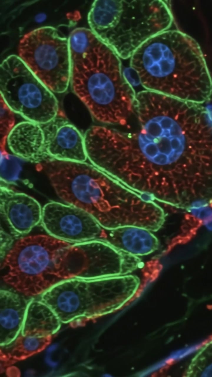 Visione microscopica di cellule biologiche colorate con fluorescenza