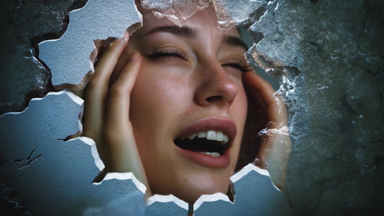 Una donna angosciata che esprime dolore ed emozione dietro una superficie incrinata, catturando la lotta tra il tumulto interiore e il mondo esterno in due fotogrammi